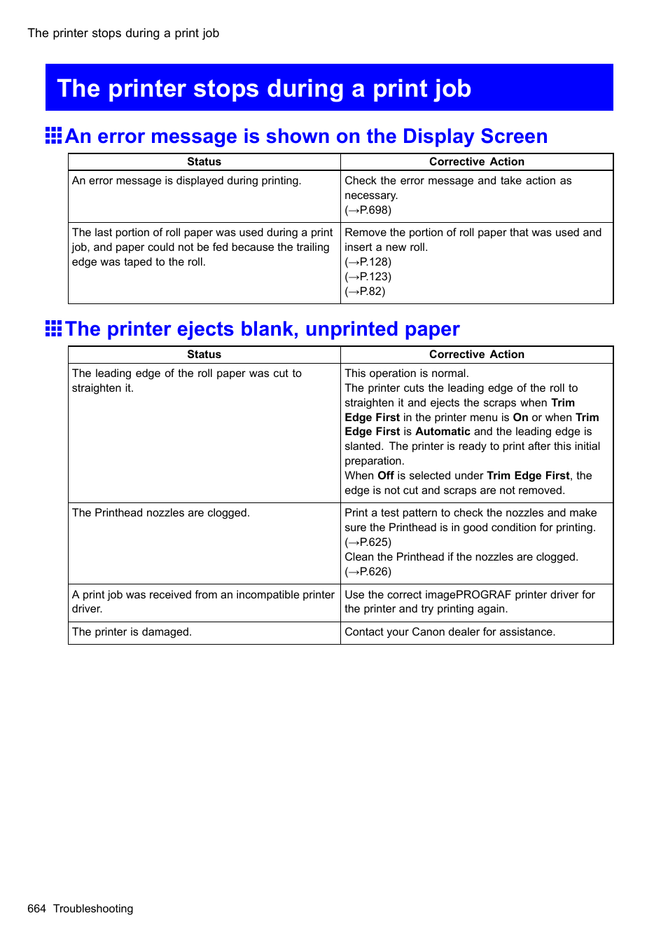 The printer stops during a print job, An error message is shown on the display screen, The printer ejects blank, unprinted paper | Canon imagePROGRAF iPF610 User Manual | Page 678 / 746