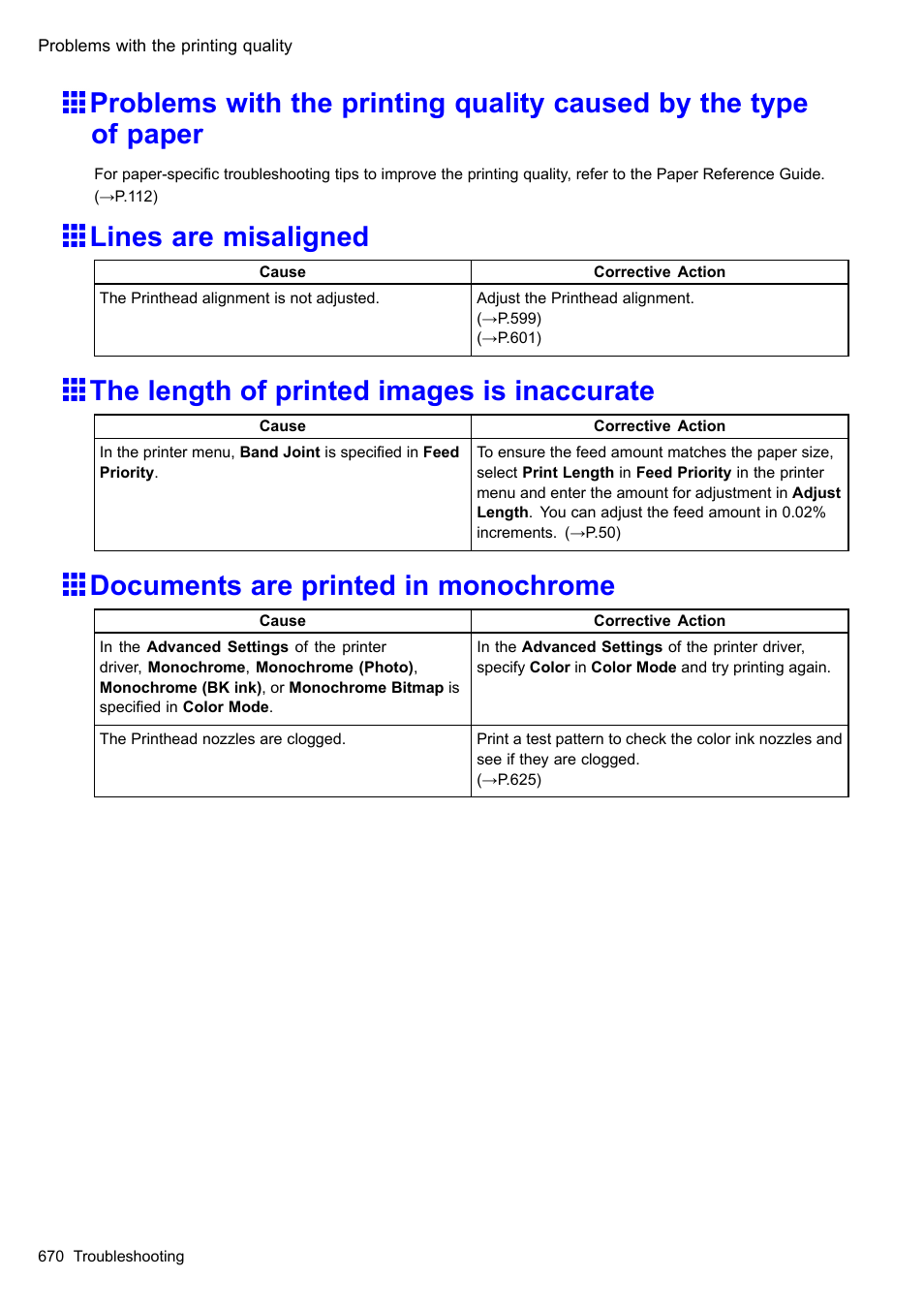 Lines are misaligned, The length of printed images is inaccurate, Documents are printed in monochrome | Canon imagePROGRAF iPF610 User Manual | Page 684 / 746