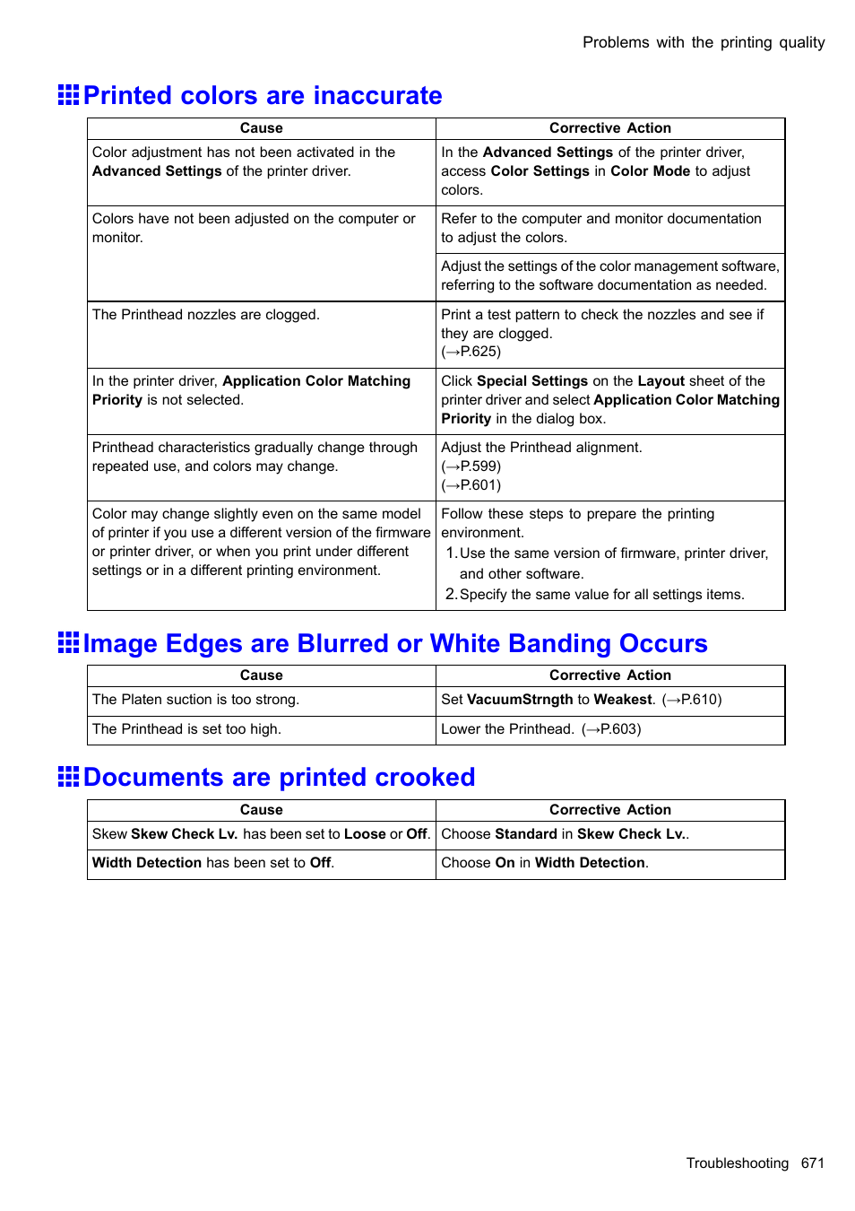 Printed colors are inaccurate, Image edges are blurred or white banding occurs, Documents are printed crooked | Canon imagePROGRAF iPF610 User Manual | Page 685 / 746