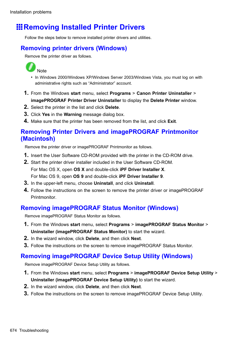 Removing installed printer drivers, Removing printer drivers (windows), Removing imageprograf status monitor (windows) | Canon imagePROGRAF iPF610 User Manual | Page 688 / 746
