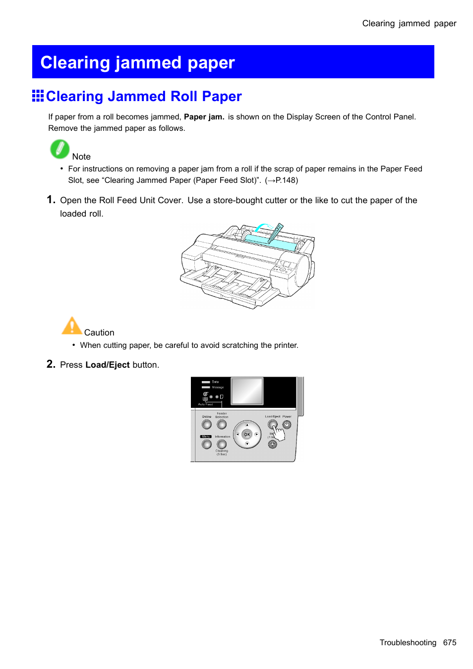 Clearing jammed paper, Clearing jammed roll paper | Canon imagePROGRAF iPF610 User Manual | Page 689 / 746