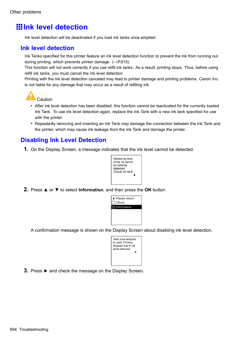 Ink level detection, Disabling ink level detection | Canon imagePROGRAF iPF610 User Manual | Page 708 / 746
