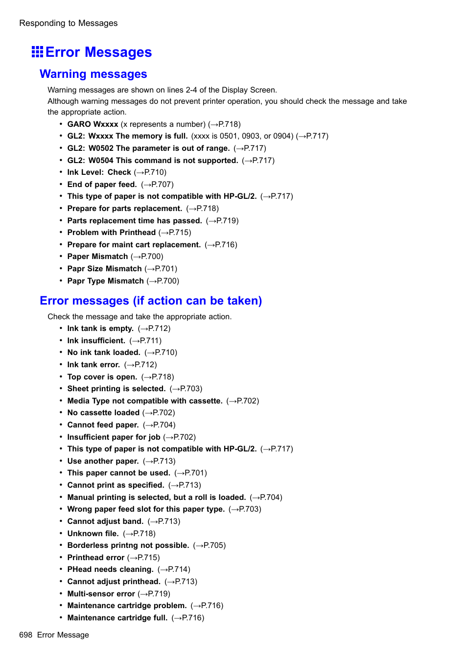 Error messages, Warning messages, Error messages (if action can be taken) | Canon imagePROGRAF iPF610 User Manual | Page 712 / 746