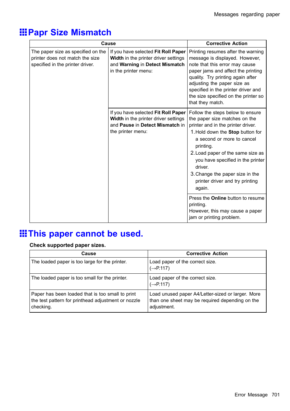 Papr size mismatch, This paper cannot be used | Canon imagePROGRAF iPF610 User Manual | Page 715 / 746