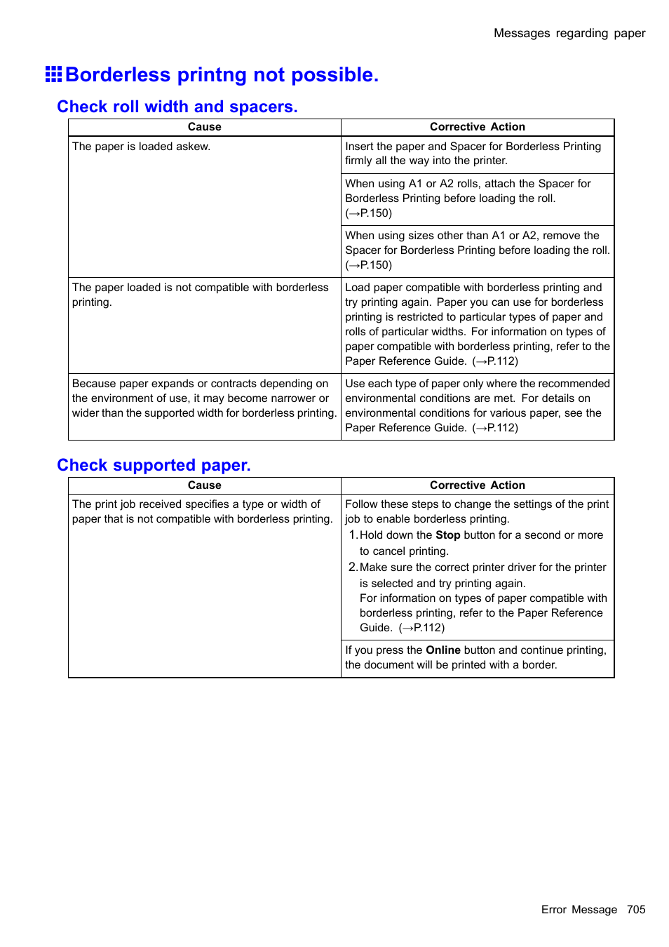 Borderless printng not possible, Check roll width and spacers, Check supported paper | Canon imagePROGRAF iPF610 User Manual | Page 719 / 746