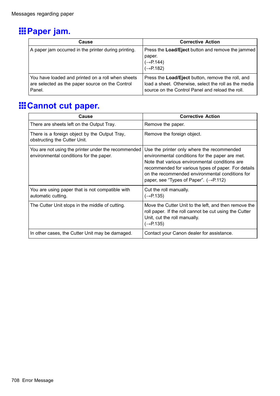 Paper jam, Cannot cut paper | Canon imagePROGRAF iPF610 User Manual | Page 722 / 746