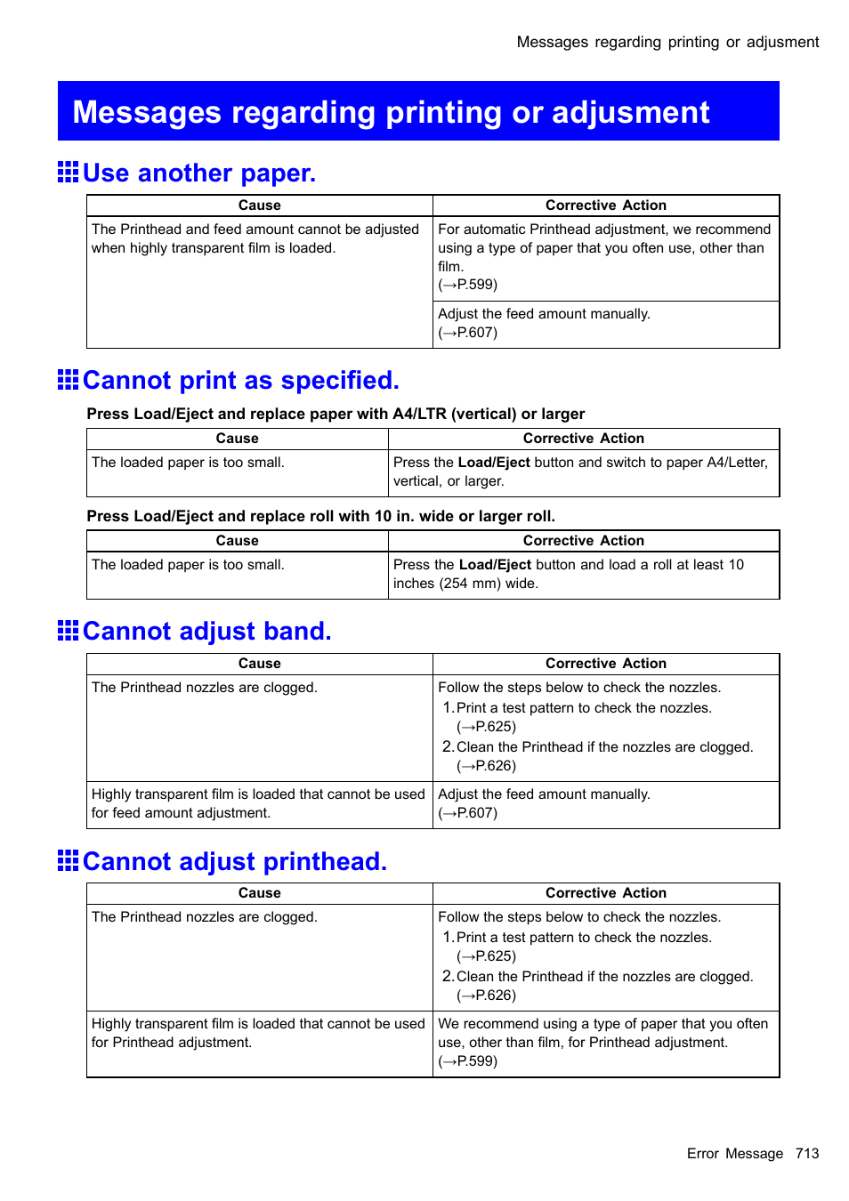 Messages regarding printing or adjusment, Use another paper, Cannot print as specified | Cannot adjust band, Cannot adjust printhead, Cannot print as specied | Canon imagePROGRAF iPF610 User Manual | Page 727 / 746
