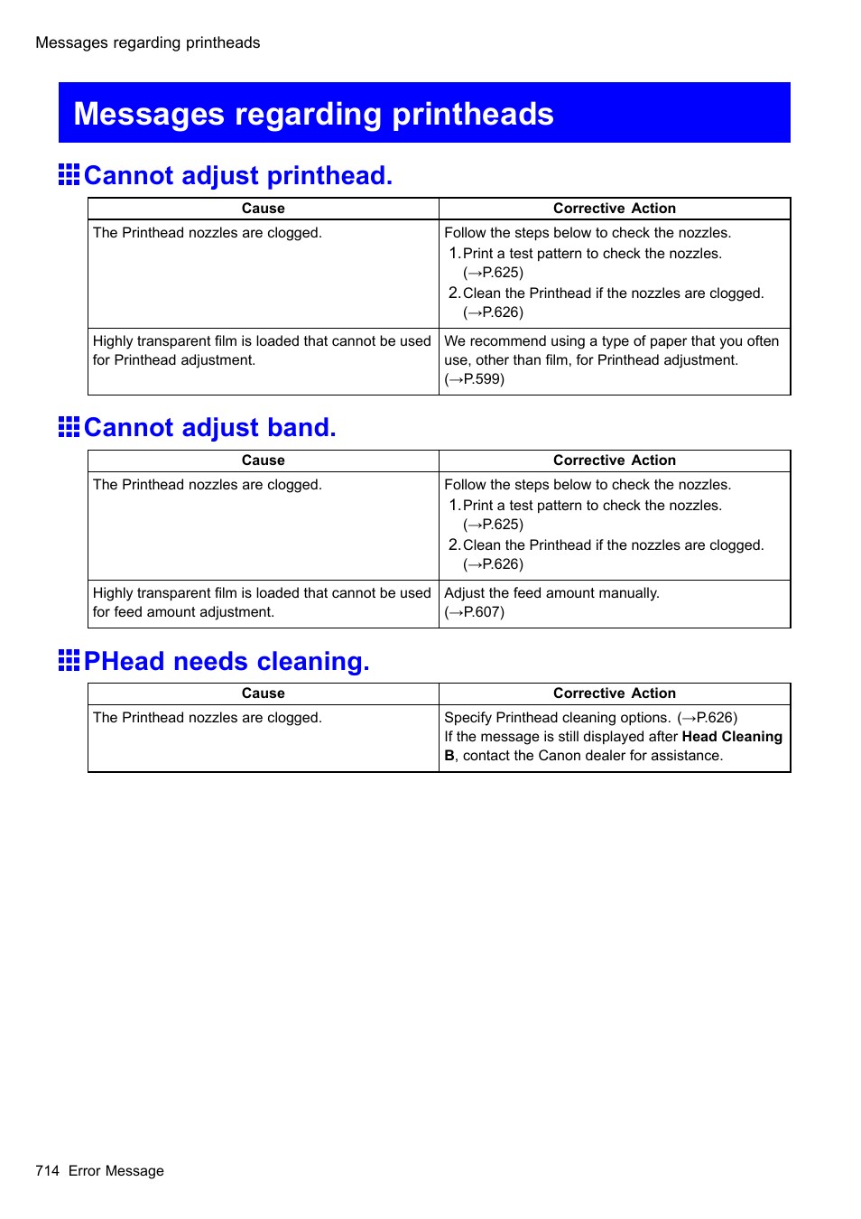 Messages regarding printheads, Cannot adjust printhead, Cannot adjust band | Phead needs cleaning | Canon imagePROGRAF iPF610 User Manual | Page 728 / 746
