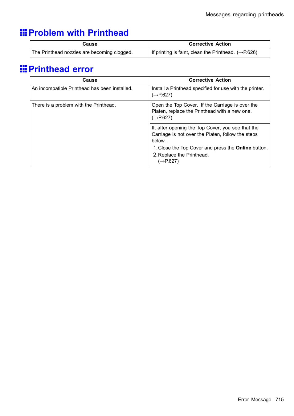 Problem with printhead, Printhead error | Canon imagePROGRAF iPF610 User Manual | Page 729 / 746