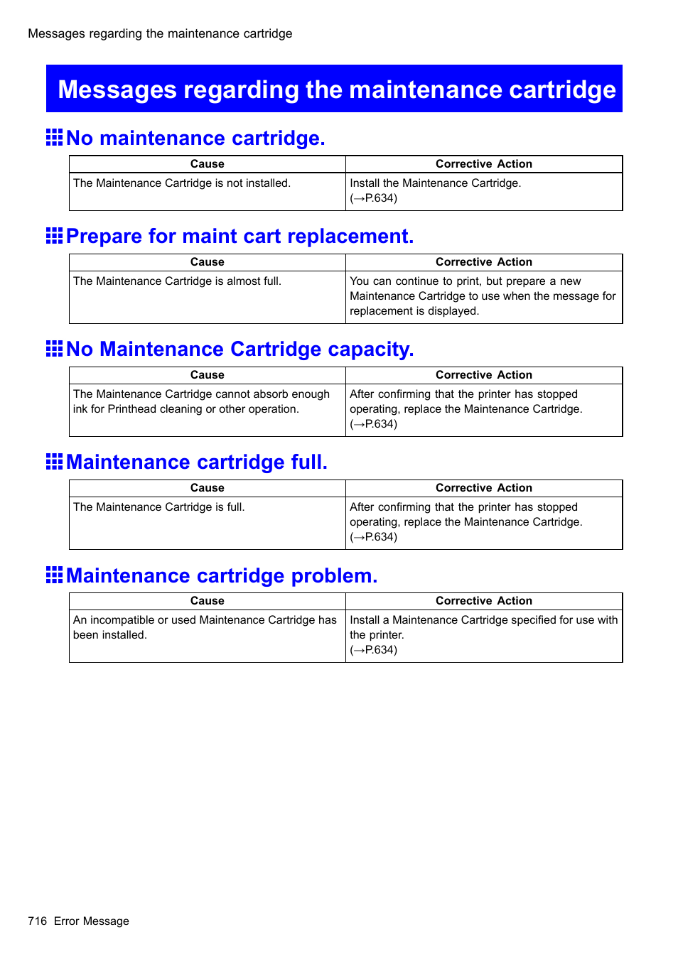 Messages regarding the maintenance cartridge, No maintenance cartridge, Prepare for maint cart replacement | No maintenance cartridge capacity, Maintenance cartridge full, Maintenance cartridge problem | Canon imagePROGRAF iPF610 User Manual | Page 730 / 746