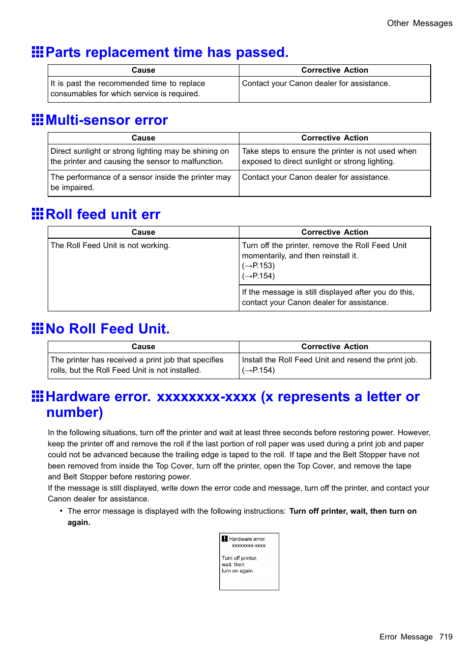 Parts replacement time has passed, Multi-sensor error, Roll feed unit err | No roll feed unit | Canon imagePROGRAF iPF610 User Manual | Page 733 / 746