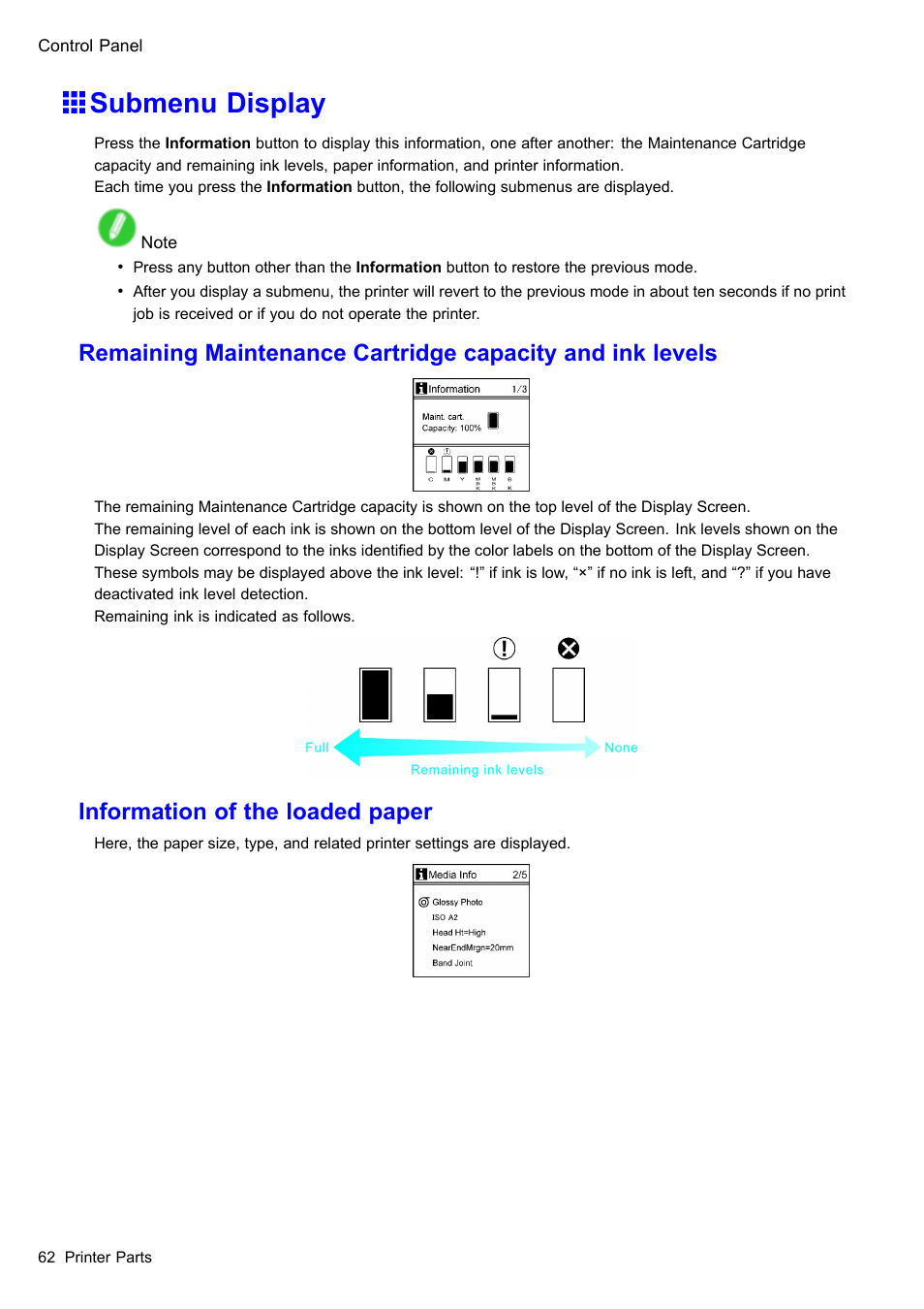 Submenu display, Information of the loaded paper | Canon imagePROGRAF iPF610 User Manual | Page 76 / 746