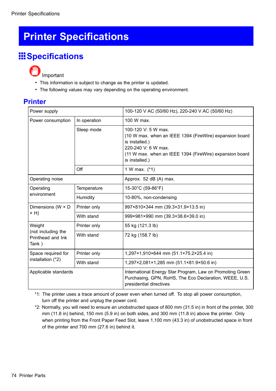 Printer specifications, Specifications, Printer specications | Specications, Printer | Canon imagePROGRAF iPF610 User Manual | Page 88 / 746