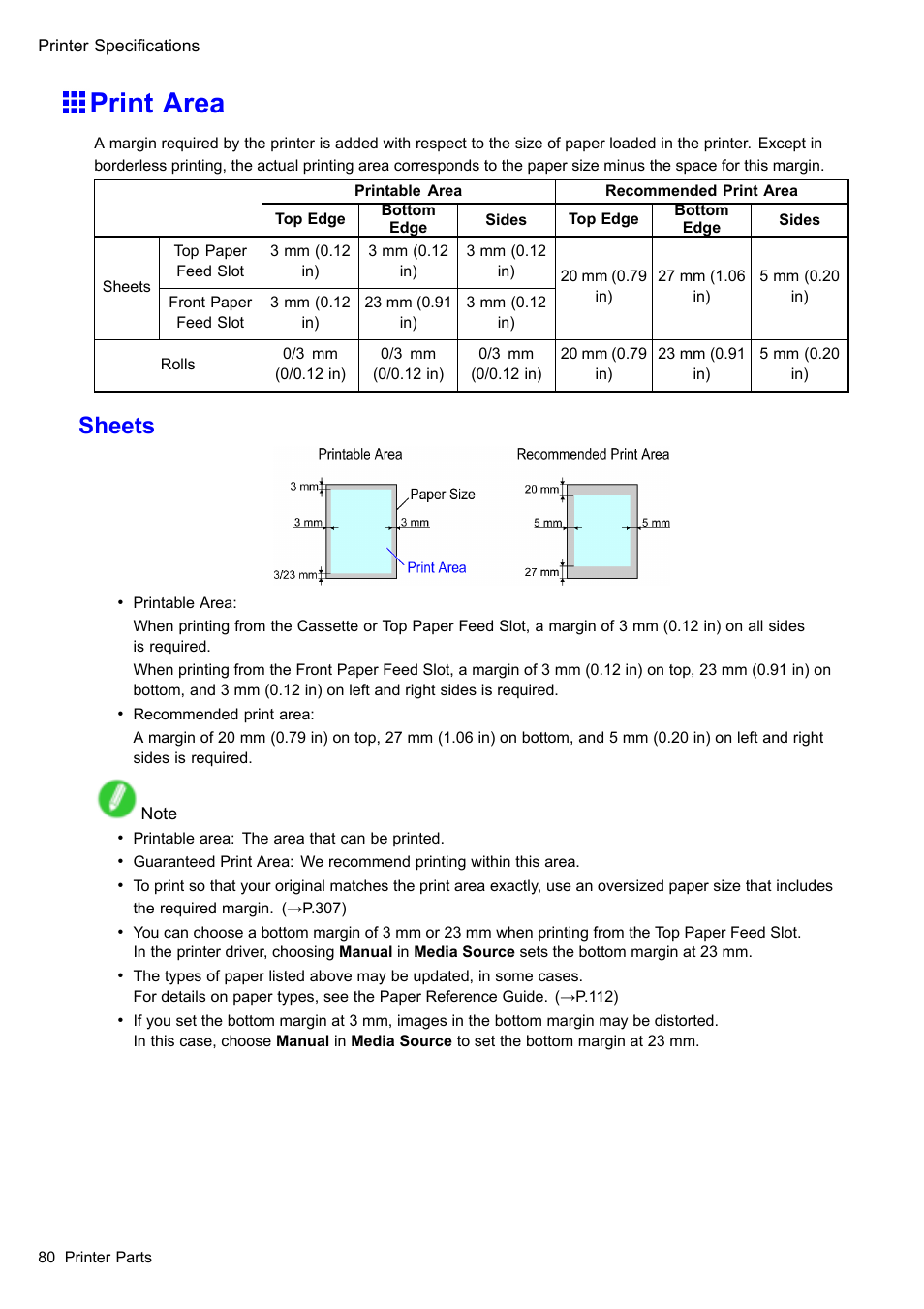 Print area, Sheets | Canon imagePROGRAF iPF610 User Manual | Page 94 / 746