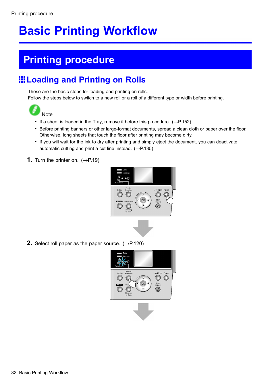 Basic printing workflow, Printing procedure, Loading and printing on rolls | Basic printing workow | Canon imagePROGRAF iPF610 User Manual | Page 96 / 746