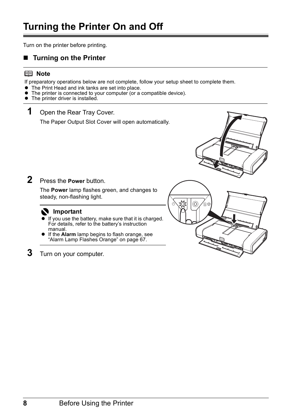 Turning the printer on and off | Canon PIXMA iP100 User Manual | Page 12 / 92