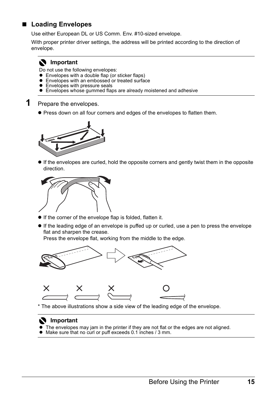 15 before using the printer  loading envelopes | Canon PIXMA iP100 User Manual | Page 19 / 92