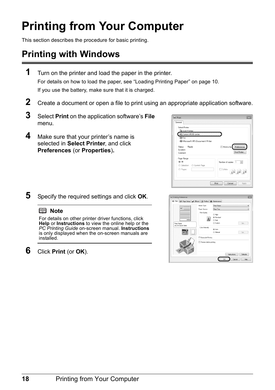 Printing from your computer, Printing with windows, Printing with windows 1 | Canon PIXMA iP100 User Manual | Page 22 / 92