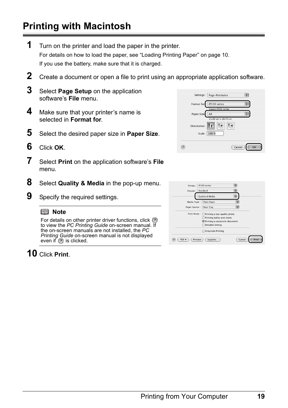 Printing with macintosh, Printing with macintosh 1 | Canon PIXMA iP100 User Manual | Page 23 / 92