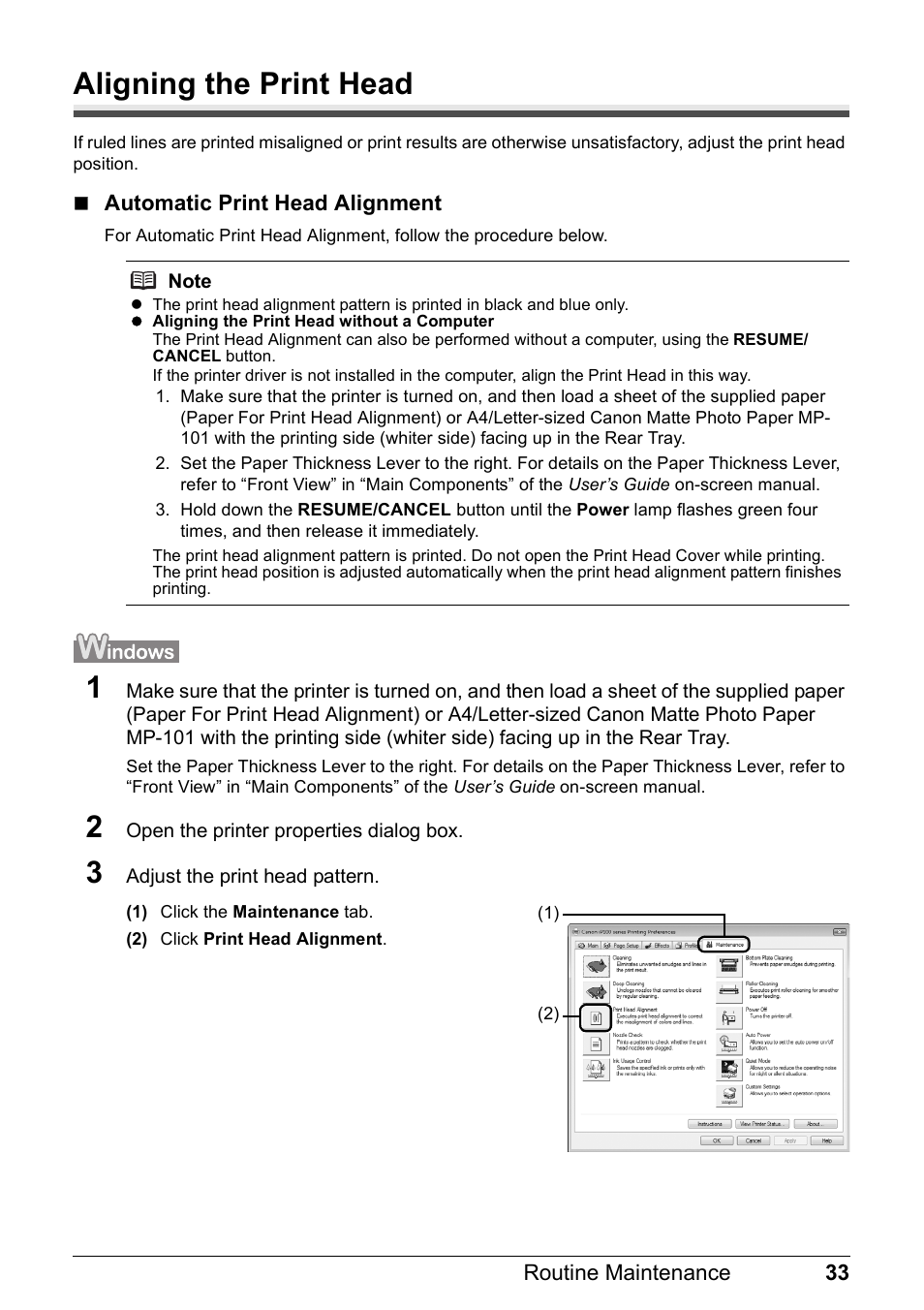 Aligning the print head | Canon PIXMA iP100 User Manual | Page 37 / 92