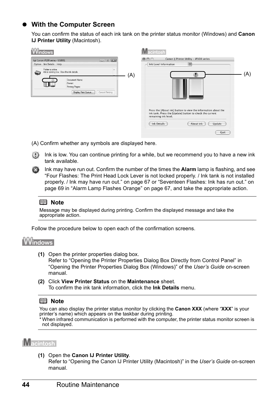 44 routine maintenance z with the computer screen | Canon PIXMA iP100 User Manual | Page 48 / 92