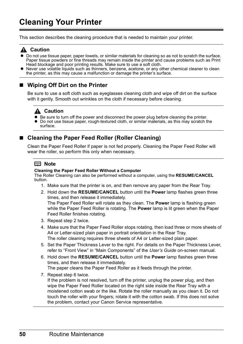 Cleaning your printer, 50 routine maintenance, Wiping off dirt on the printer | Cleaning the paper feed roller (roller cleaning) | Canon PIXMA iP100 User Manual | Page 54 / 92