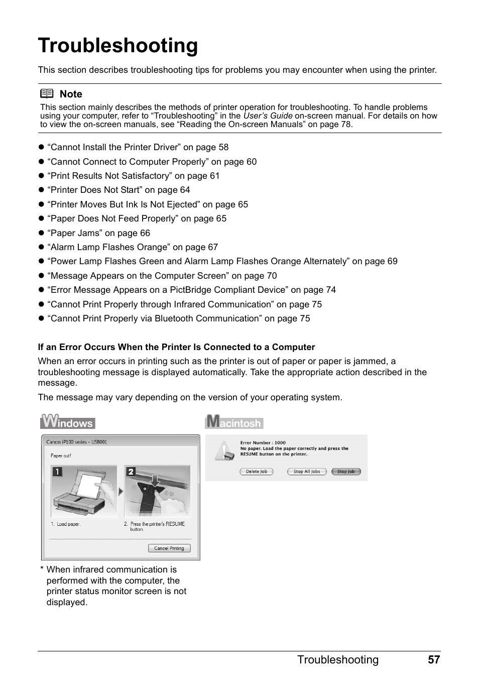 Troubleshooting, 57 troubleshooting | Canon PIXMA iP100 User Manual | Page 61 / 92