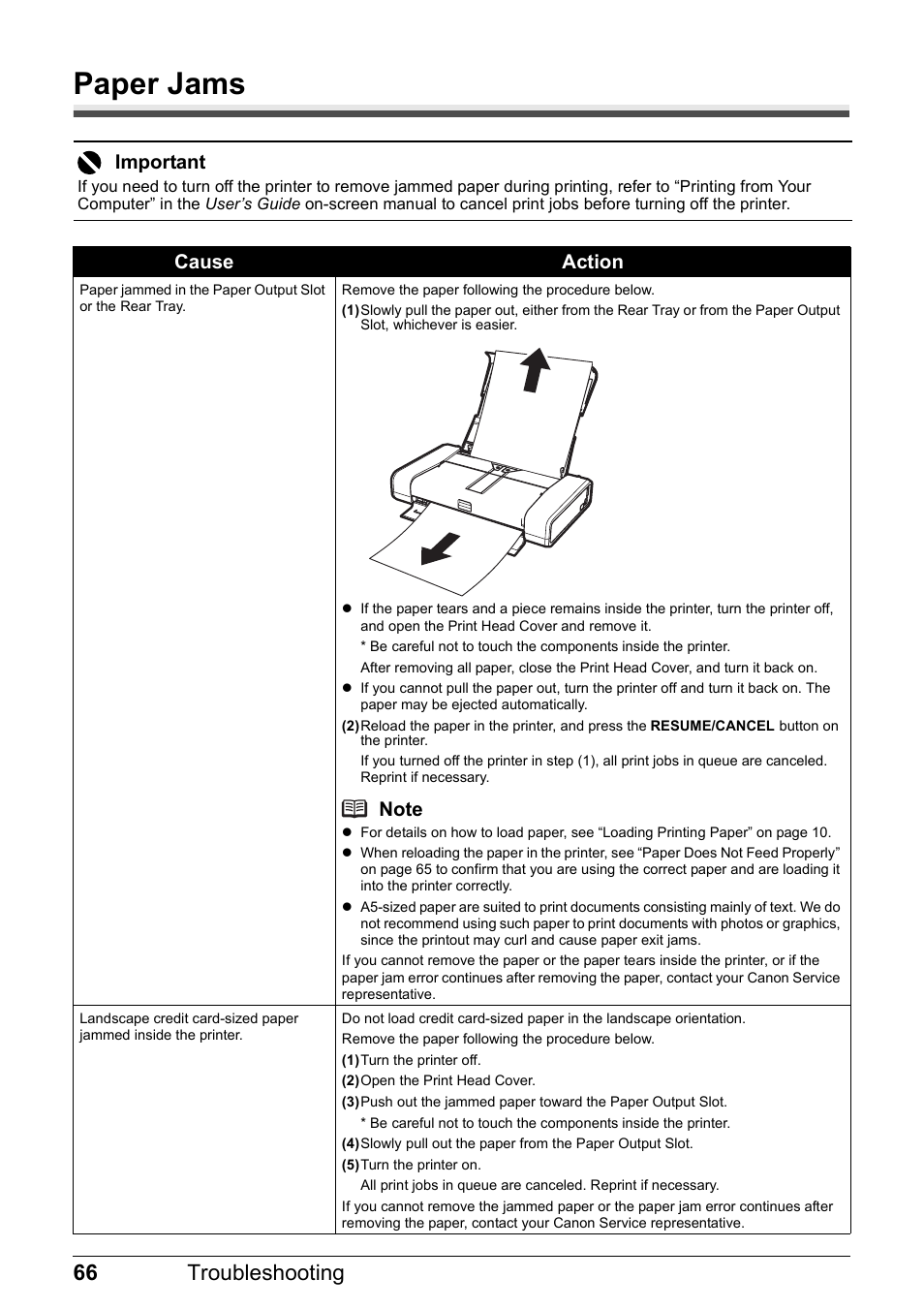 Paper jams, 66 troubleshooting, Important | Cause action | Canon PIXMA iP100 User Manual | Page 70 / 92