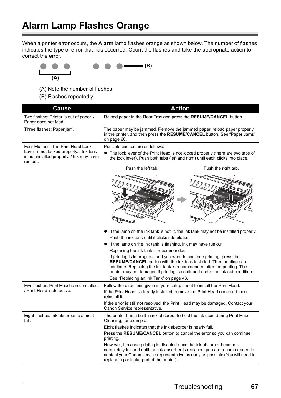 Alarm lamp flashes orange, 67 troubleshooting, Cause action | Canon PIXMA iP100 User Manual | Page 71 / 92