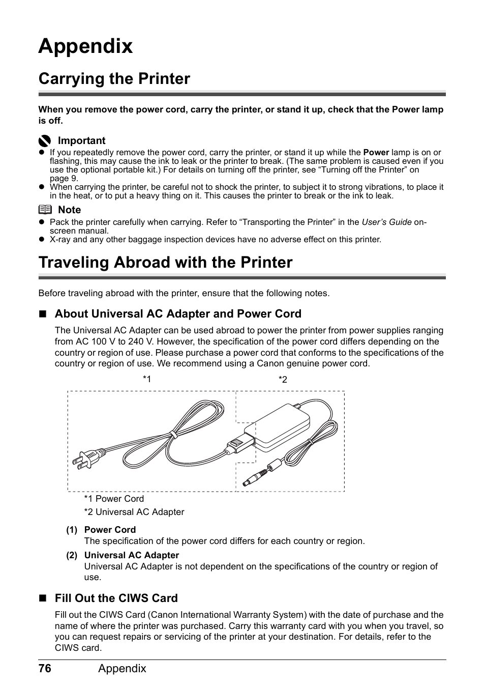 Appendix, Carrying the printer, Traveling abroad with the printer | Canon PIXMA iP100 User Manual | Page 80 / 92