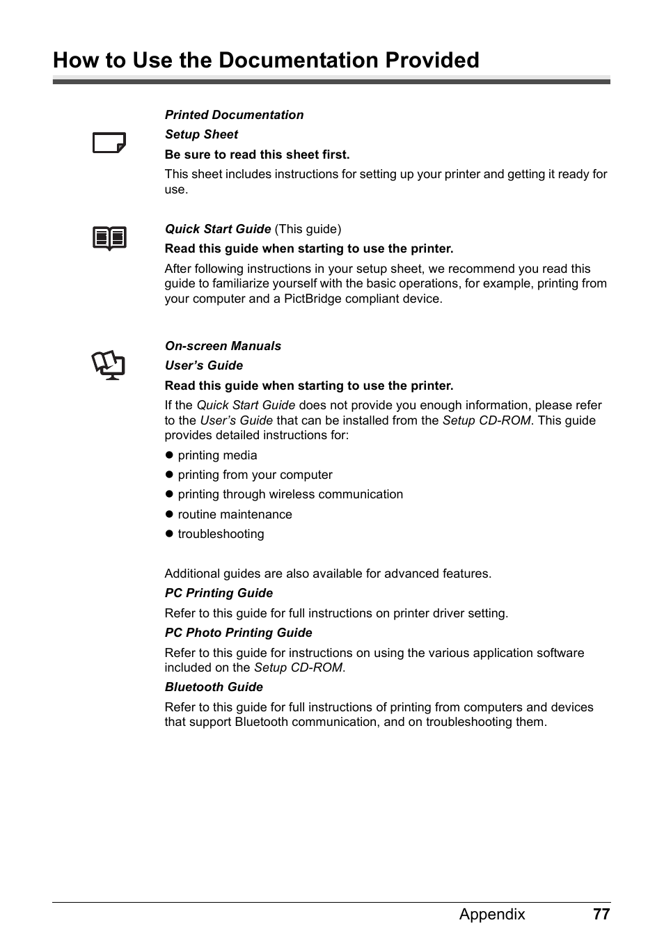 How to use the documentation provided, 77 appendix | Canon PIXMA iP100 User Manual | Page 81 / 92