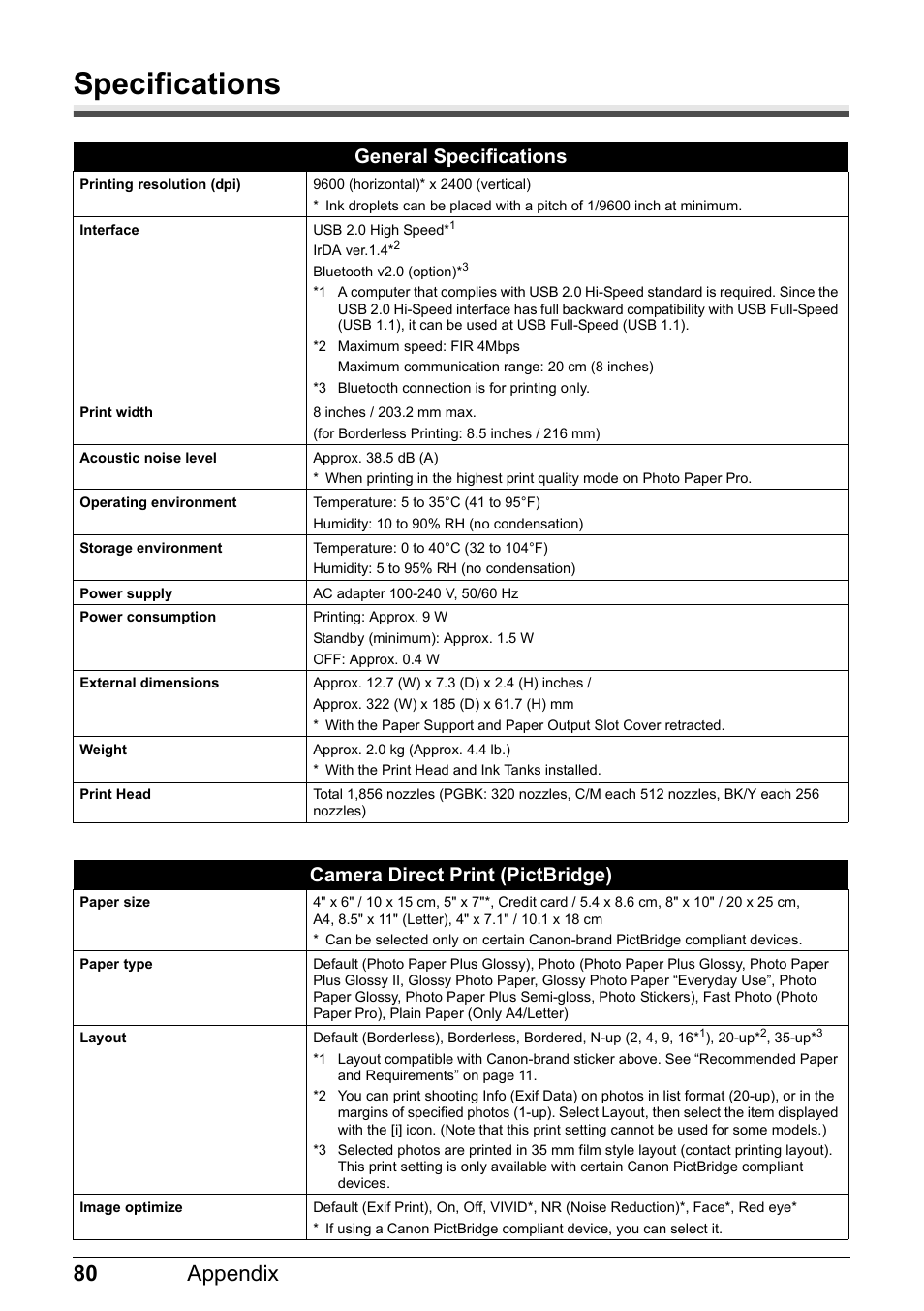 Specifications, 80 appendix, General specifications | Camera direct print (pictbridge) | Canon PIXMA iP100 User Manual | Page 84 / 92