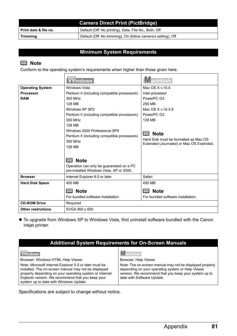 81 appendix, Camera direct print (pictbridge) | Canon PIXMA iP100 User Manual | Page 85 / 92