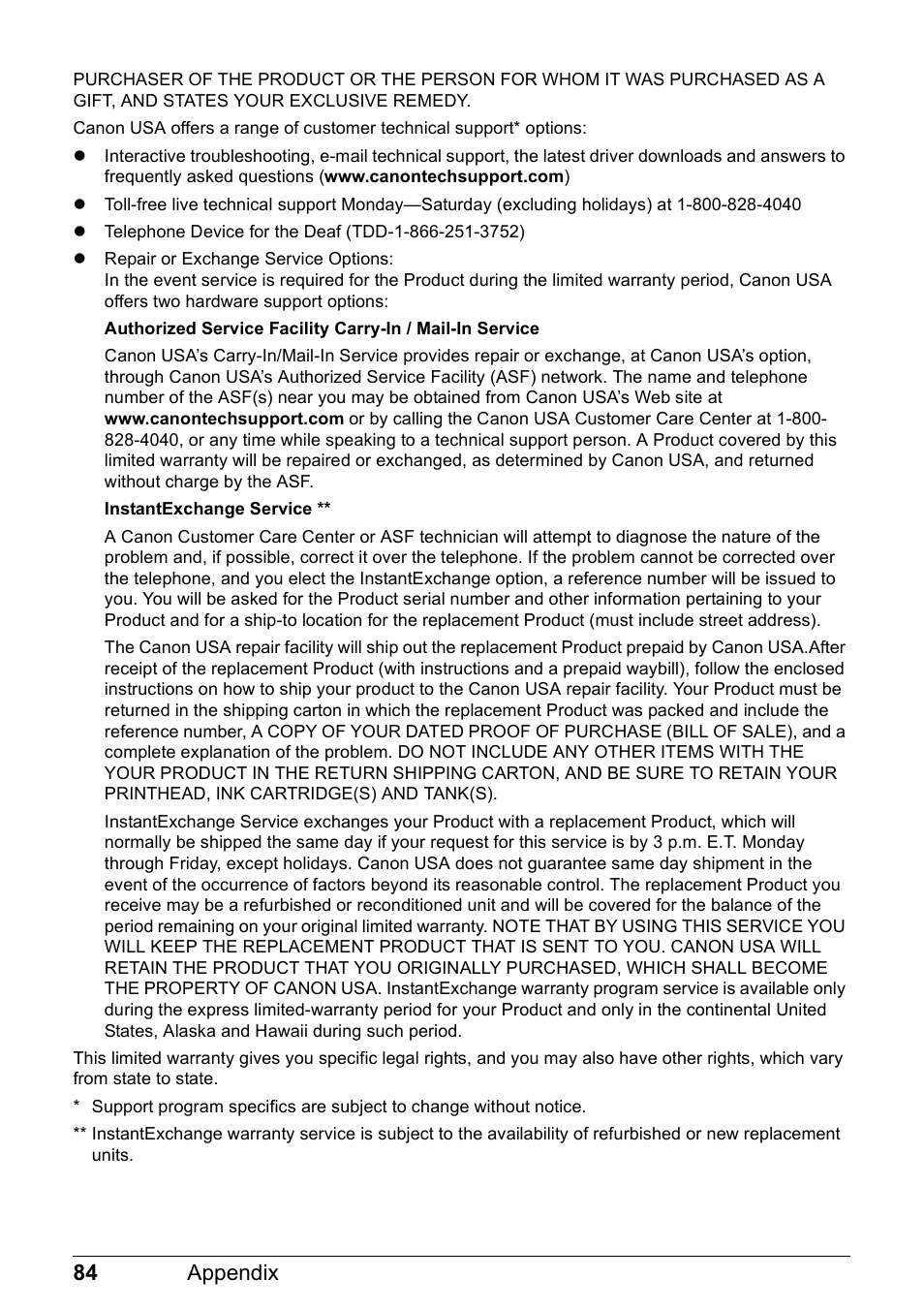 84 appendix | Canon PIXMA iP100 User Manual | Page 88 / 92