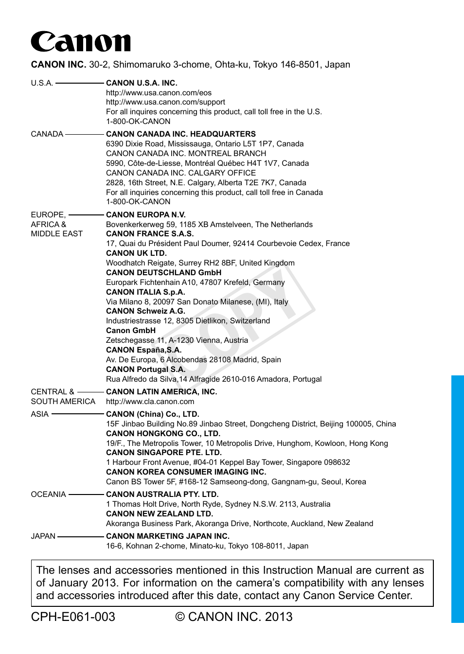 Cop y | Canon EOS Rebel SL1 18-55mm IS STM Lens Kit User Manual | Page 116 / 116