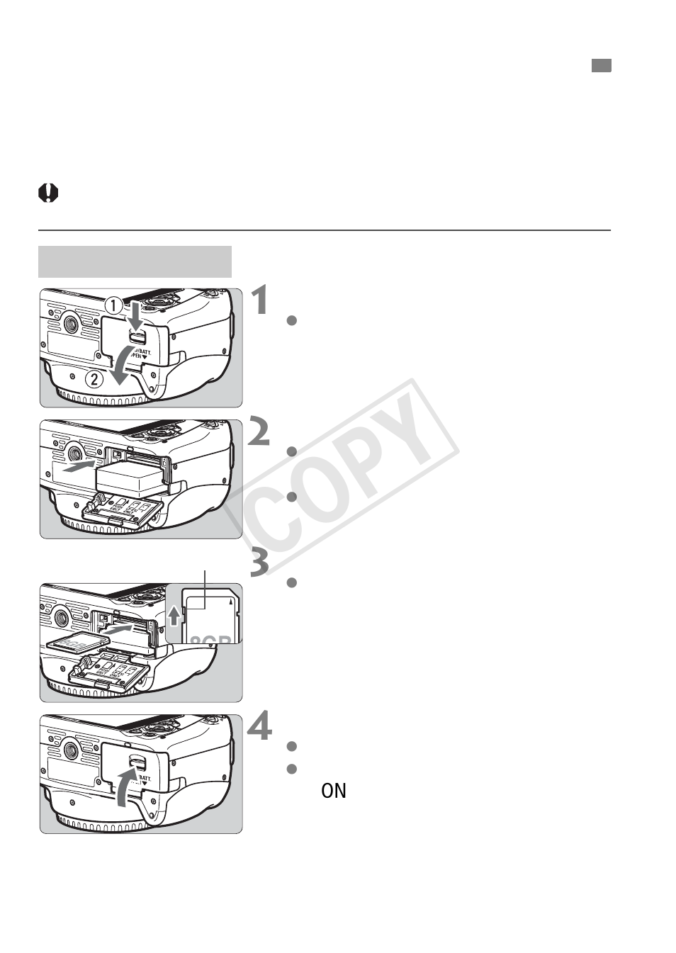 Installing and removing the battery and card, Cop y | Canon EOS Rebel SL1 18-55mm IS STM Lens Kit User Manual | Page 24 / 116