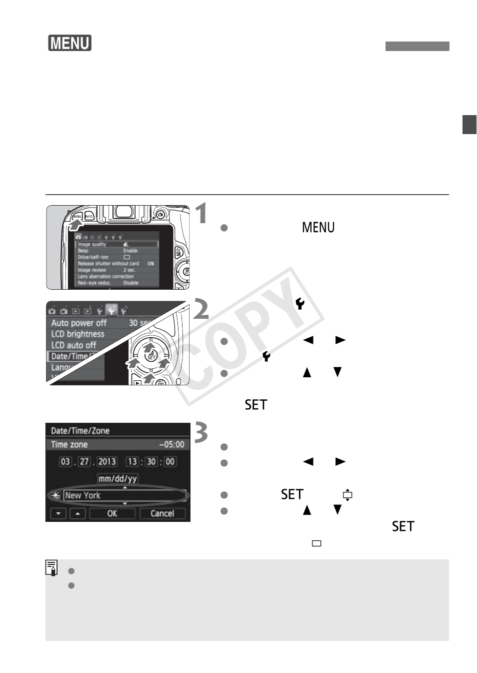 Setting the date, time, and zone, Cop y | Canon EOS Rebel SL1 18-55mm IS STM Lens Kit User Manual | Page 29 / 116