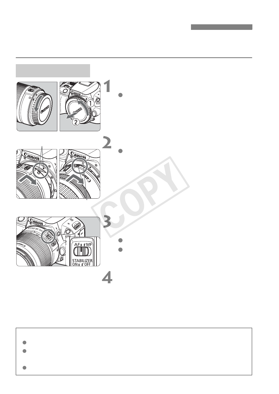 Attaching and detaching a lens, Cop y | Canon EOS Rebel SL1 18-55mm IS STM Lens Kit User Manual | Page 32 / 116