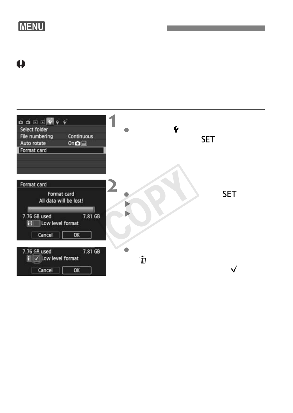 Formatting the card, Cop y | Canon EOS Rebel SL1 18-55mm IS STM Lens Kit User Manual | Page 40 / 116