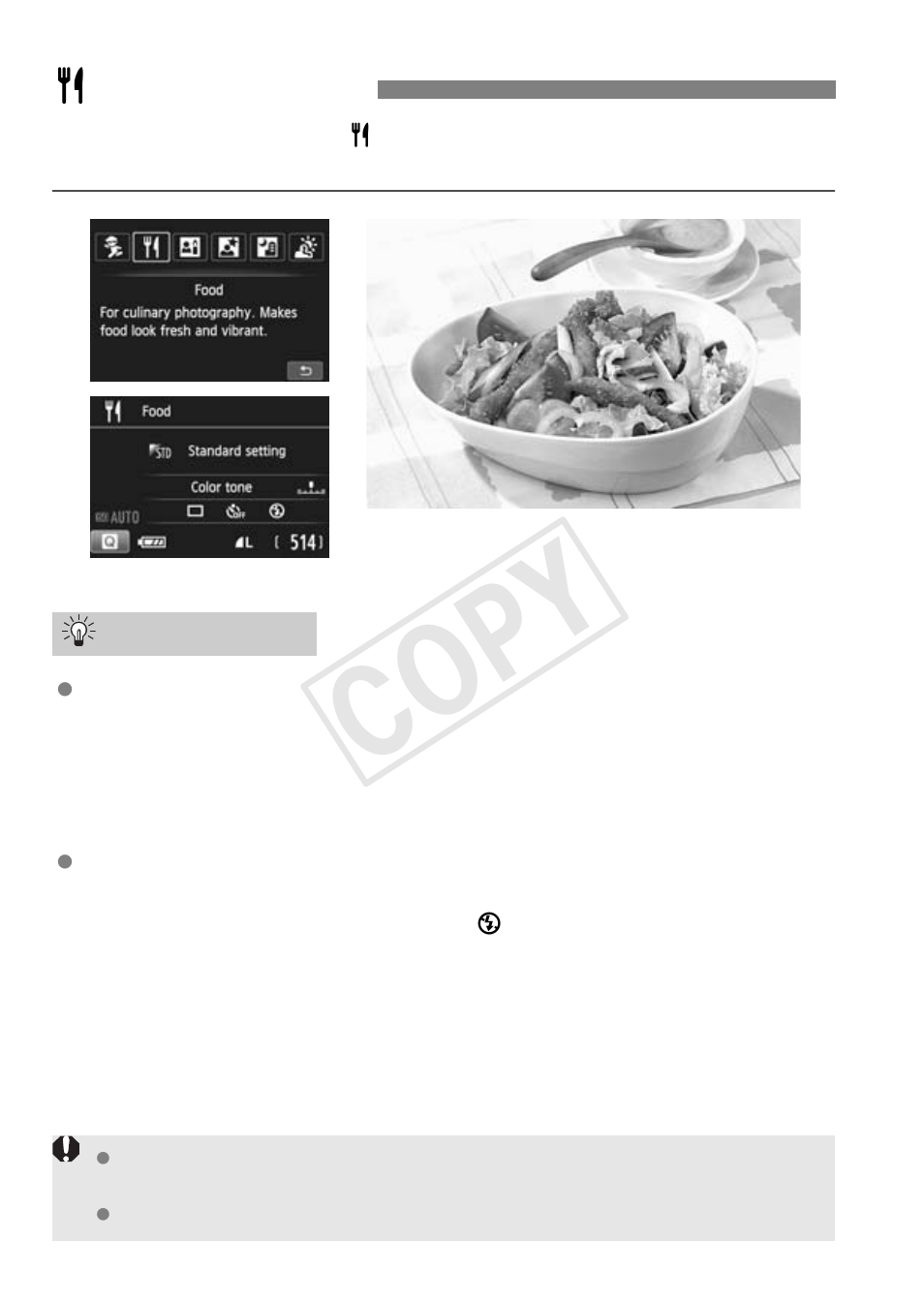 P shooting food, Cop y | Canon EOS Rebel SL1 18-55mm IS STM Lens Kit User Manual | Page 64 / 116