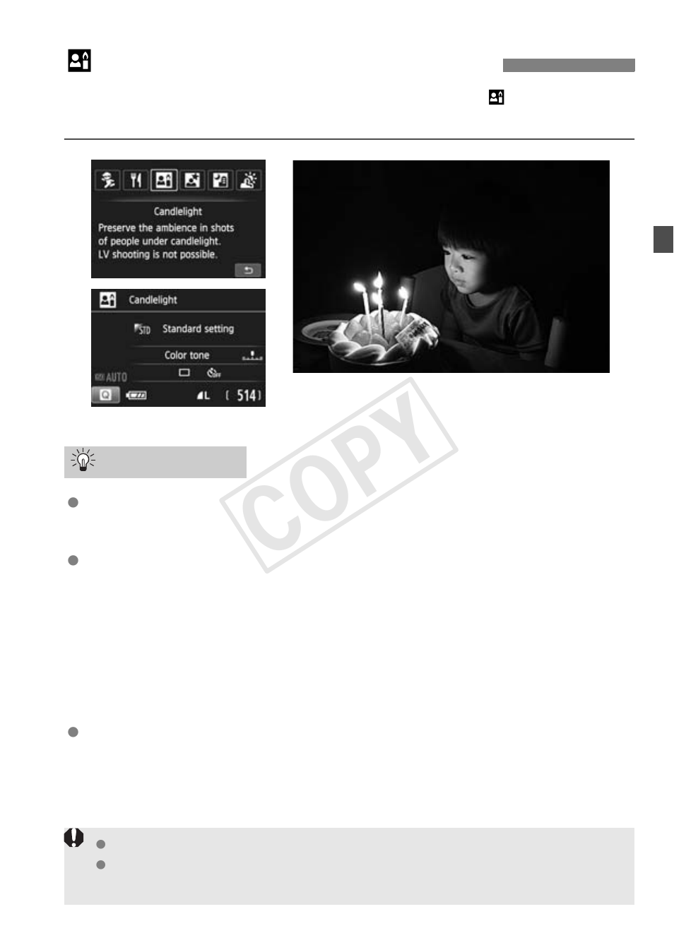 X shooting candlelight portraits, Cop y | Canon EOS Rebel SL1 18-55mm IS STM Lens Kit User Manual | Page 65 / 116