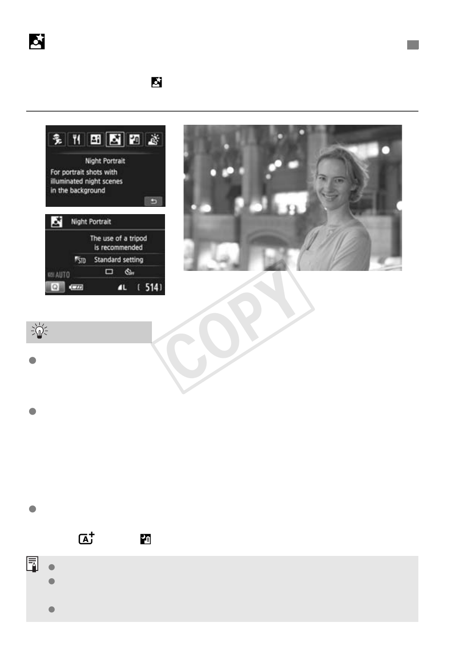 6 shooting night portraits (with a tripod), Cop y | Canon EOS Rebel SL1 18-55mm IS STM Lens Kit User Manual | Page 66 / 116