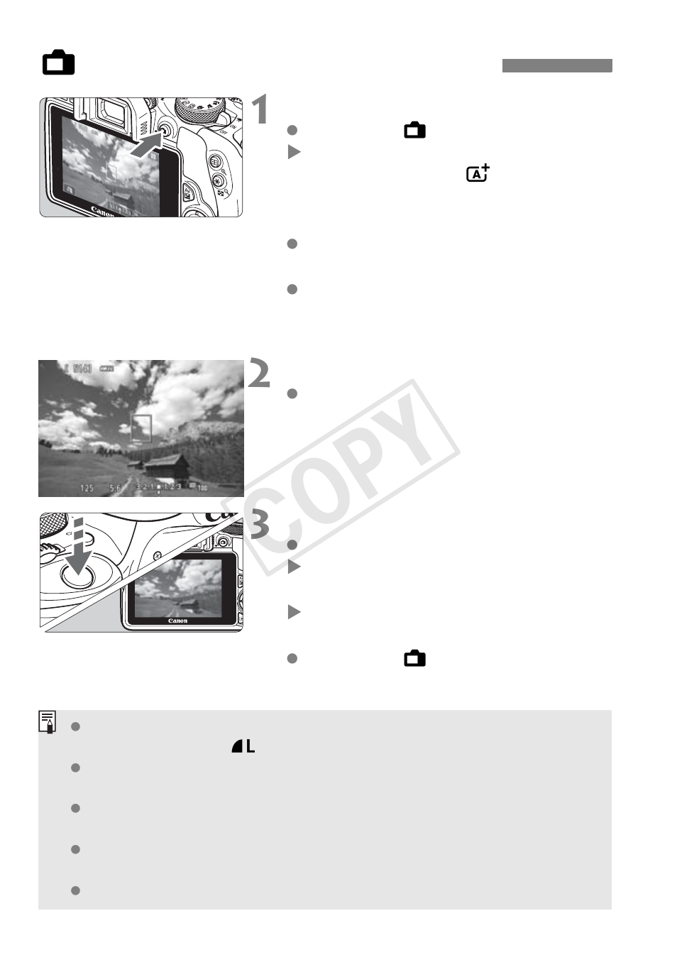 A shooting with the lcd monitor, Cop y | Canon EOS Rebel SL1 18-55mm IS STM Lens Kit User Manual | Page 74 / 116