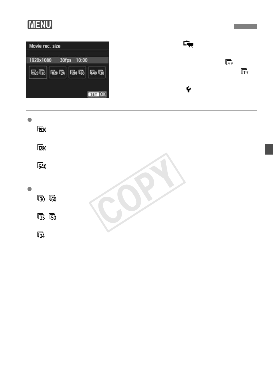 Setting the movie recording size, Cop y, 3setting the movie recording size | Canon EOS Rebel SL1 18-55mm IS STM Lens Kit User Manual | Page 91 / 116