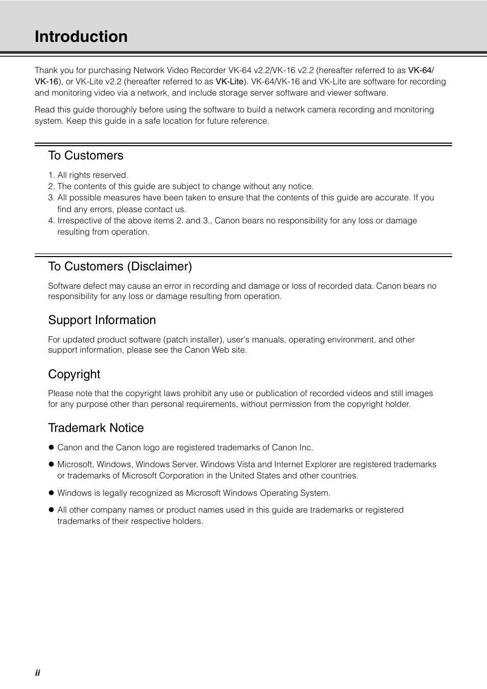 Introduction, Support information, Copyright | Trademark notice | Canon VB-C60 User Manual | Page 2 / 32
