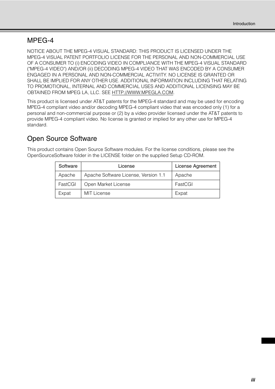 Mpeg-4, Open source software | Canon VB-C60 User Manual | Page 3 / 32