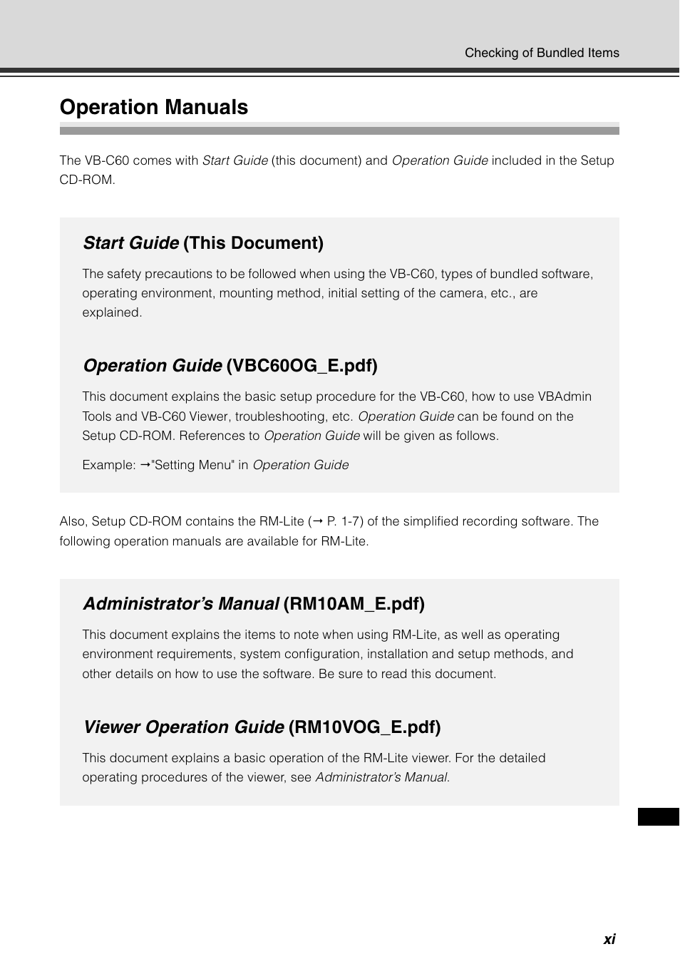 Operation manuals, Start guide (this document), Operation guide (vbc60og_e.pdf) | Administrator’s manual (rm10am_e.pdf), Viewer operation guide (rm10vog_e.pdf) | Canon VB-C60 User Manual | Page 11 / 78