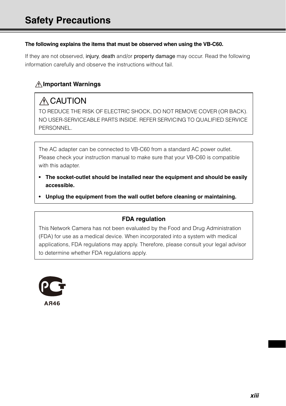 Safety precautions, Caution | Canon VB-C60 User Manual | Page 13 / 78