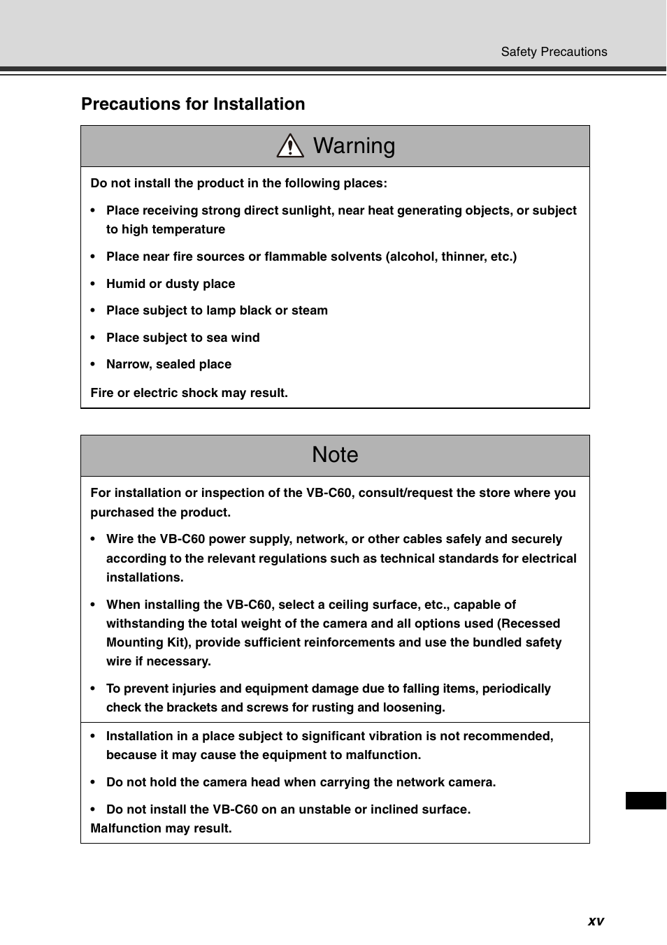 Warning, Precautions for installation | Canon VB-C60 User Manual | Page 15 / 78