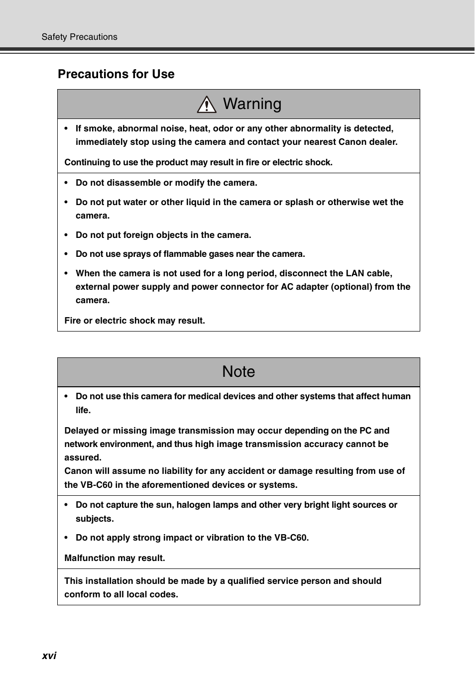 Warning, Precautions for use | Canon VB-C60 User Manual | Page 16 / 78